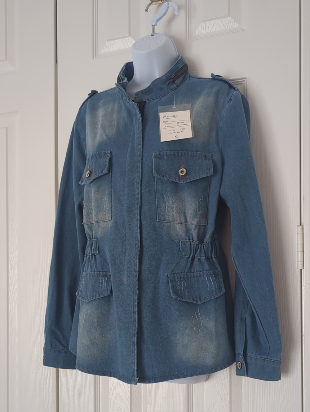 Aimeite Distressed Light Blue Denim Utility Jacket